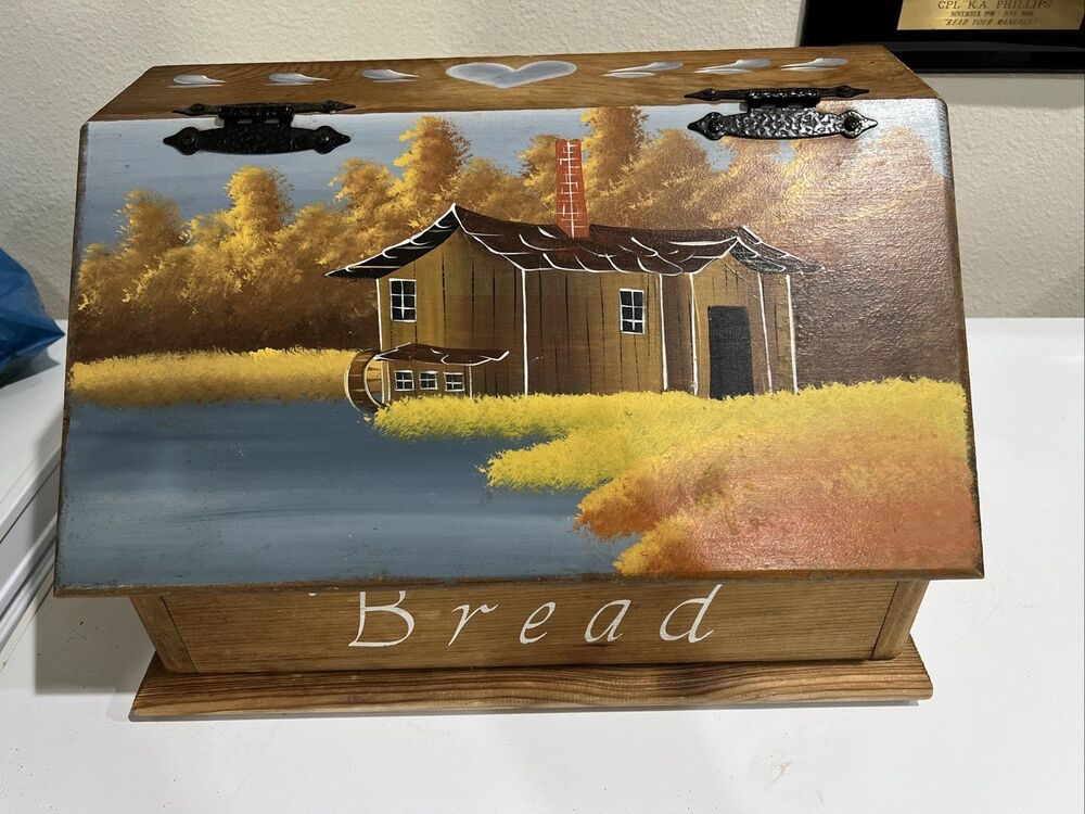 Painted Wood Bread Box Cottage Core Granny Hearts Water Mill VTG Farmhouse